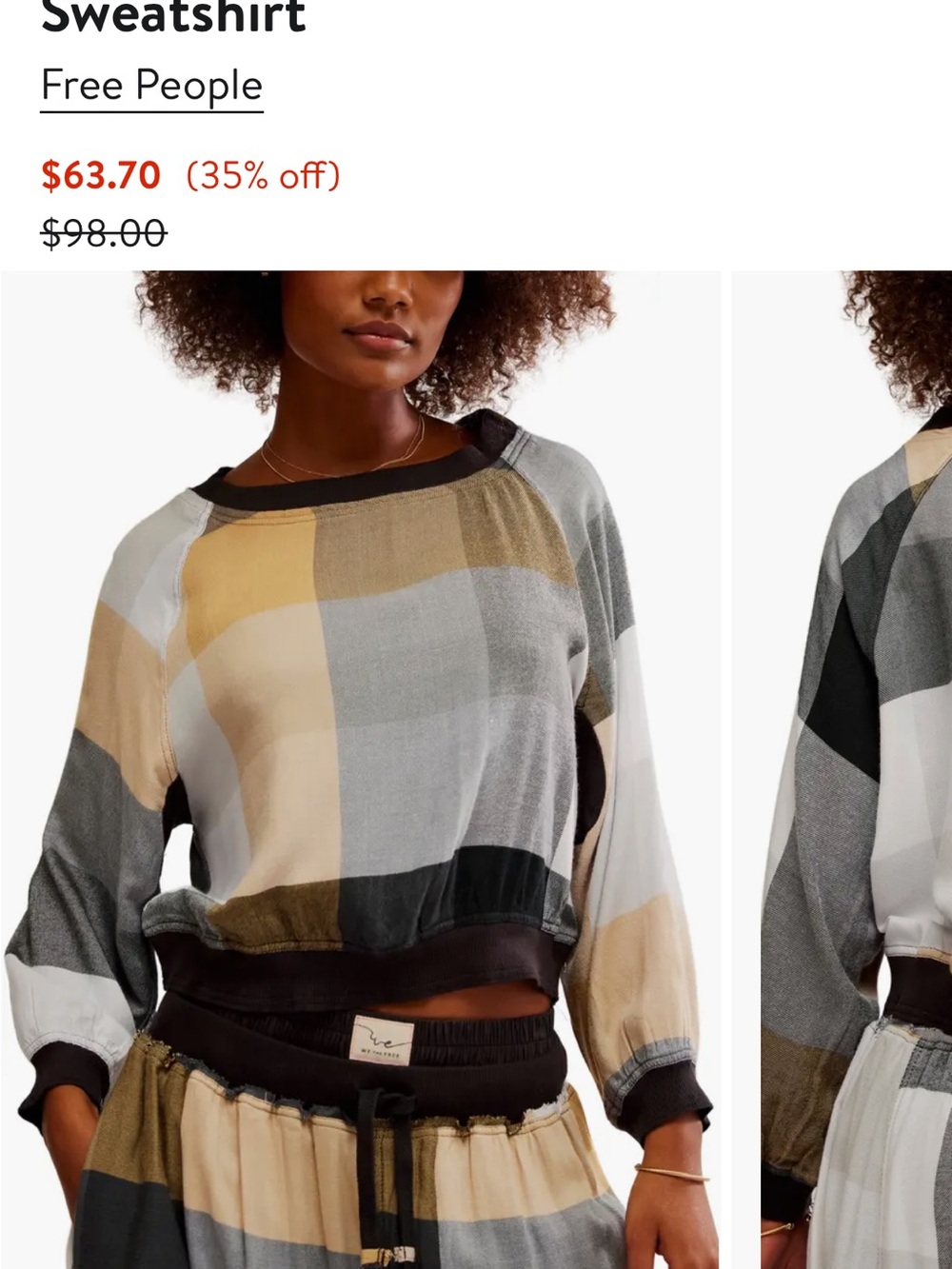 Free People Plaid Cropped Sweatshirt - Beige, Gray, Black